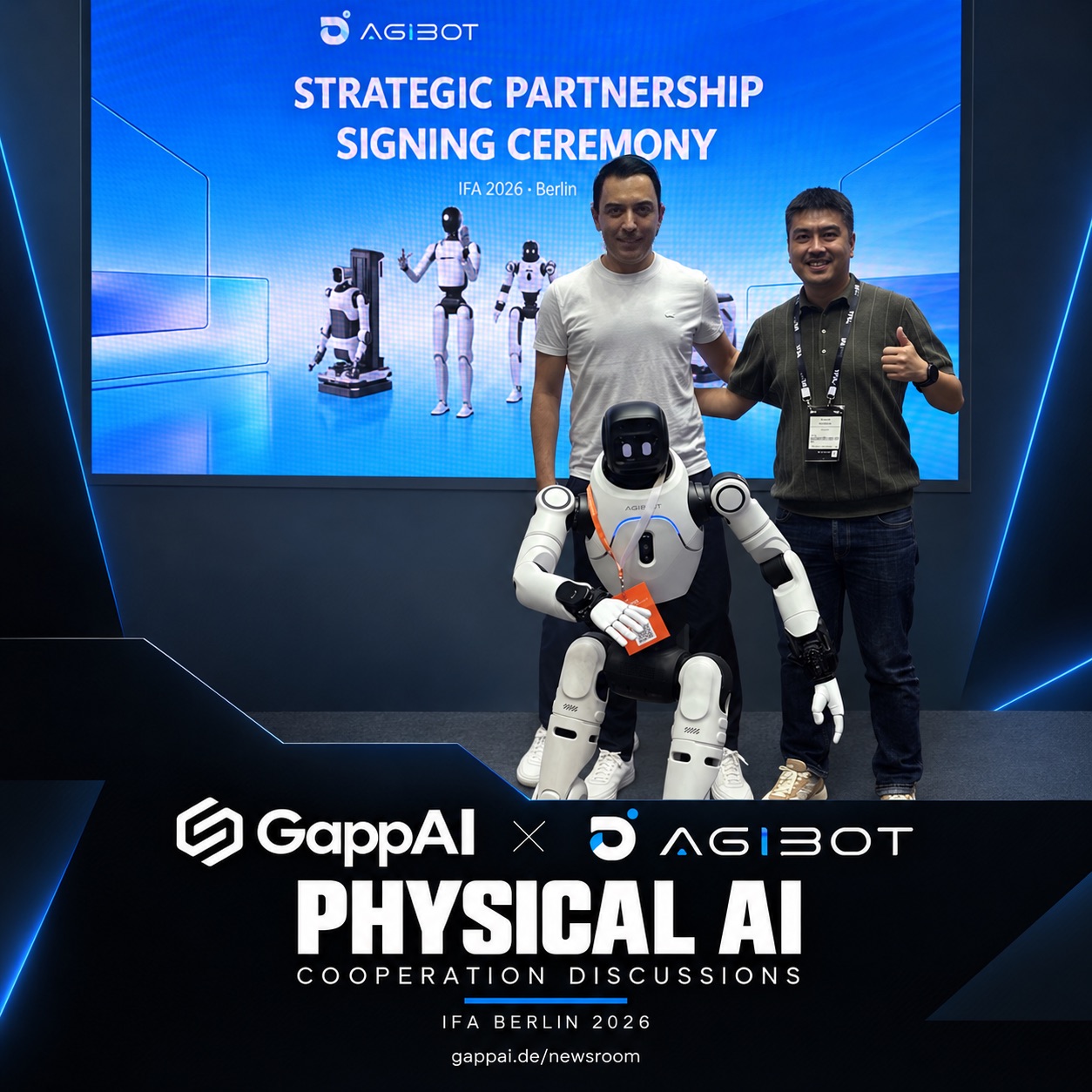 GappAI × AGIBOT — Physical AI, Kooperationsgespräche. Freigegebenes Design mit beiden Logos und dem Gesprächsfoto von der IFA Berlin 2026.