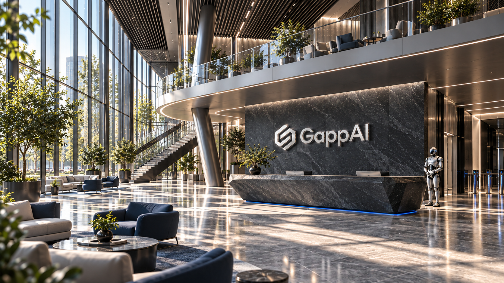 Architectural concept of a future GappAI lobby, viewed from the lounge toward the reception and glass atrium.