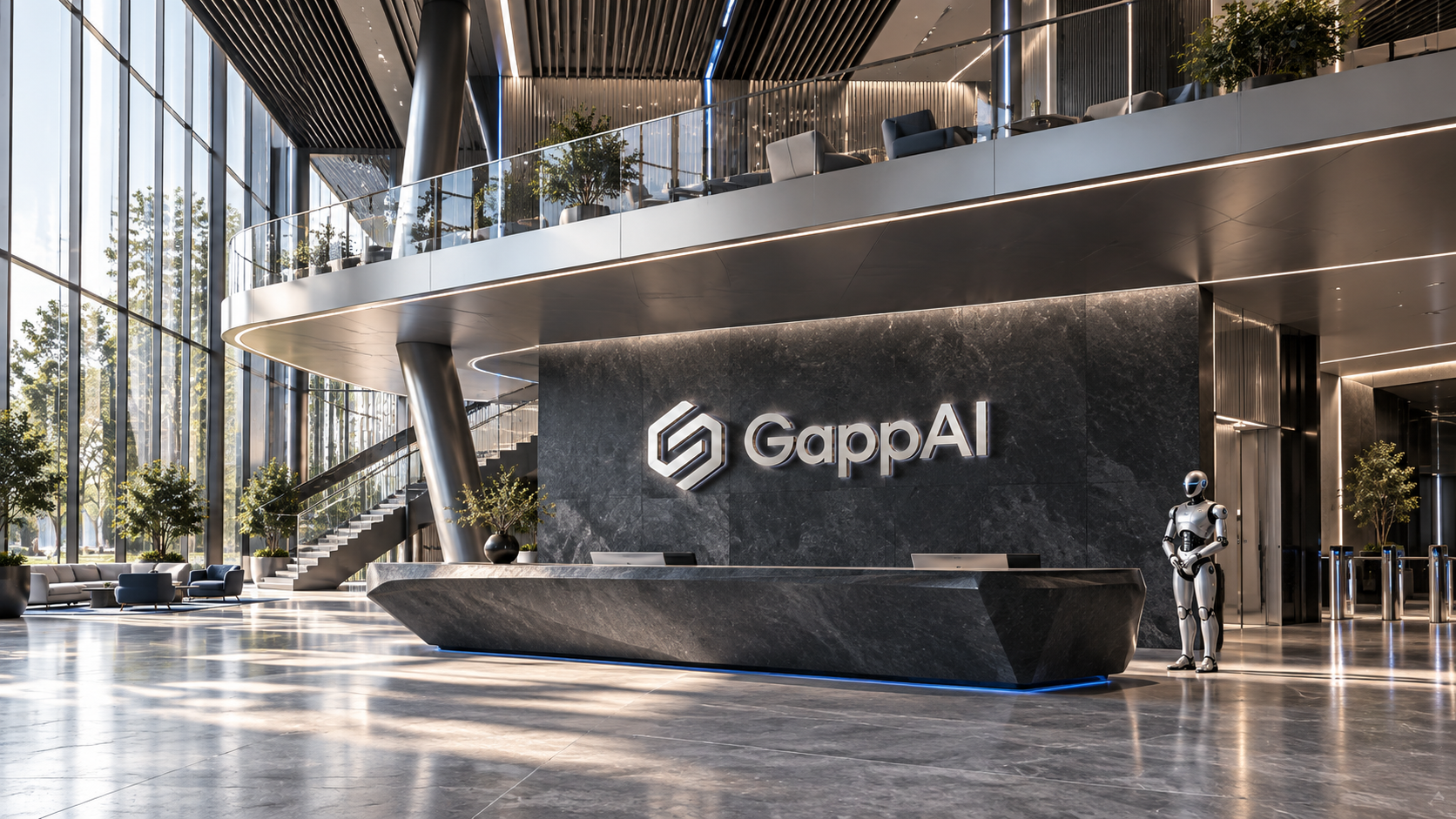 Architectural concept of a future GappAI lobby with a reception desk, glass atrium and humanoid robot.